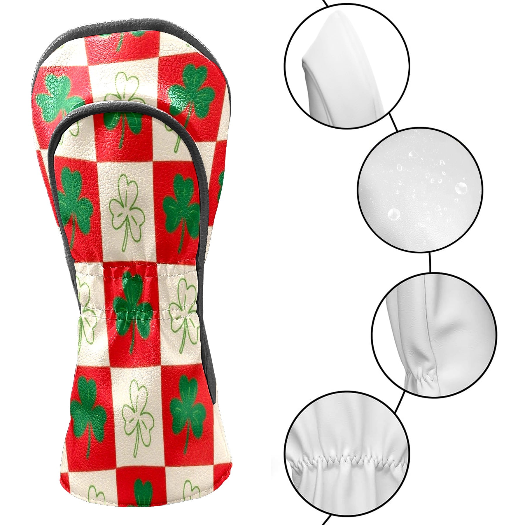 Golf Club Head Cover Waterproof Leather Golf Accessories HeadCovers Set Driver Headcover for Women Men Red & Green Clover Grid