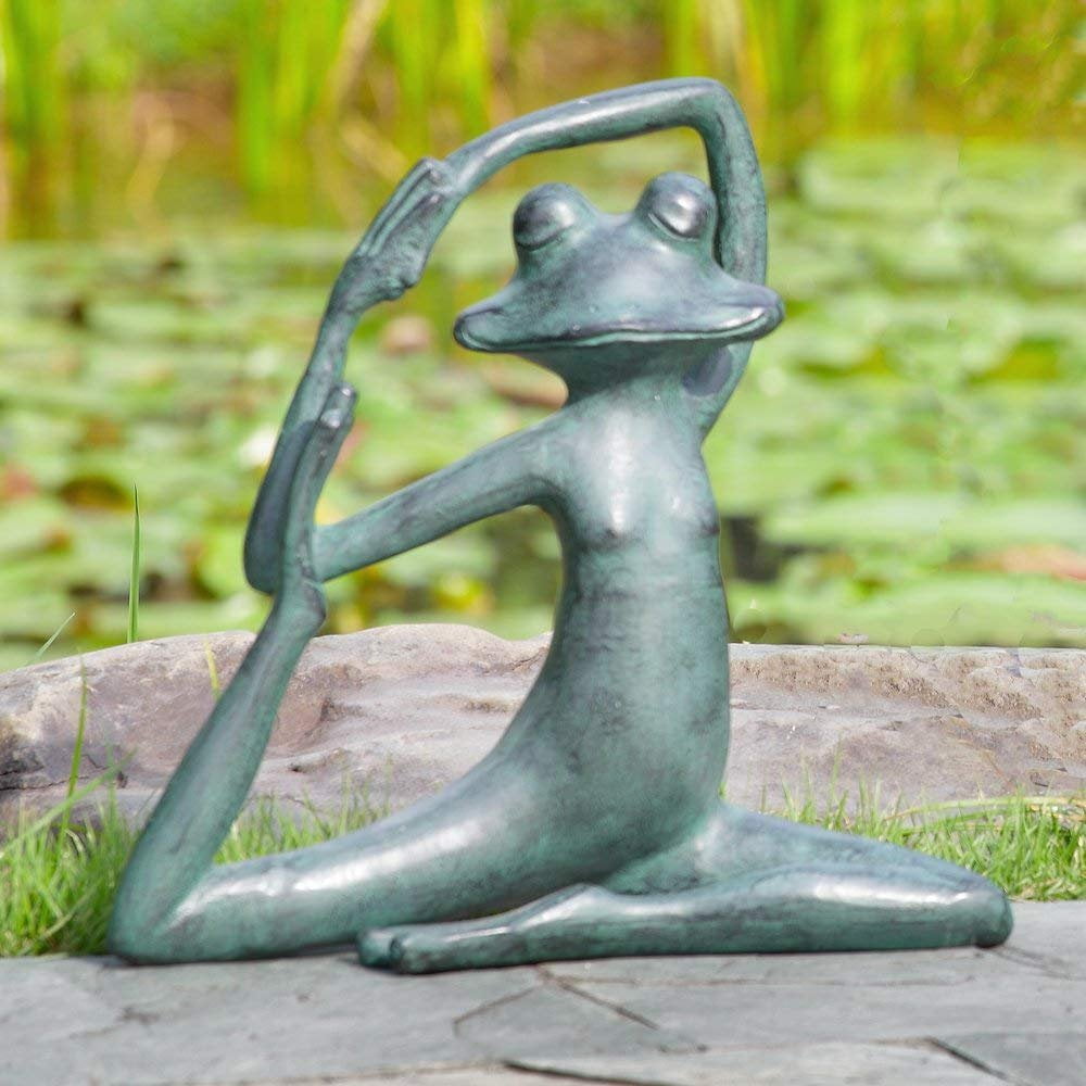 Relaxed Yoga Frog Verdigris Green Metal Garden Sculpture