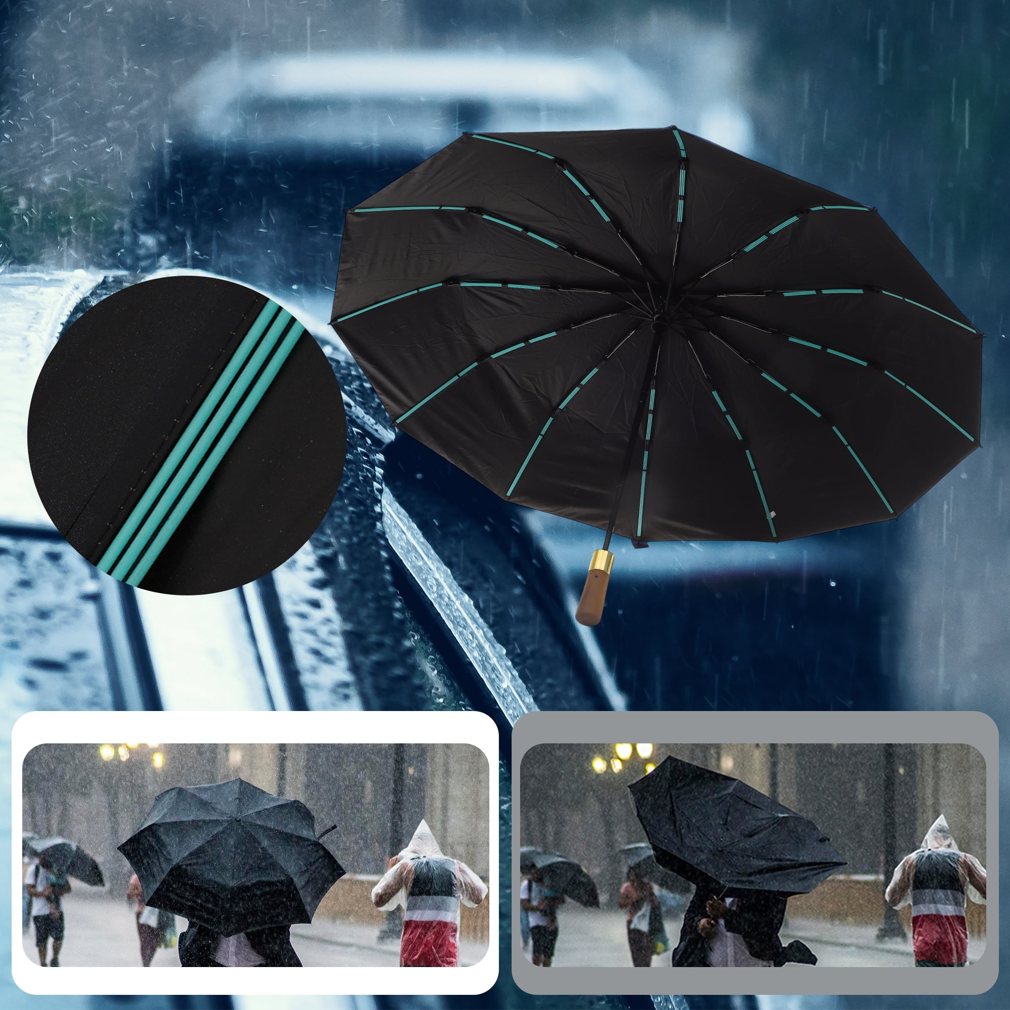 Unique Bargains Collapsible Windproof Folding Umbrella with Wooden Handle Black
