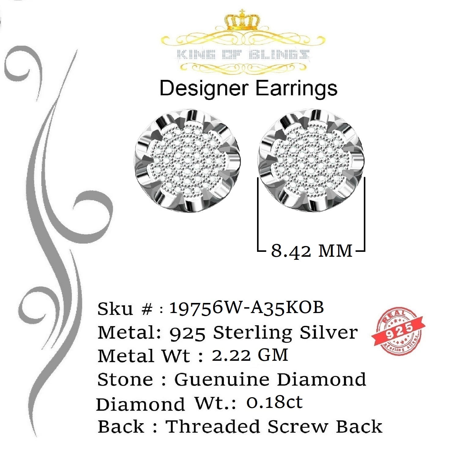 King of Bling's 925 Sterling Silver 0.18ct Diamond For Women's/ Men's White Stud Round Earrings