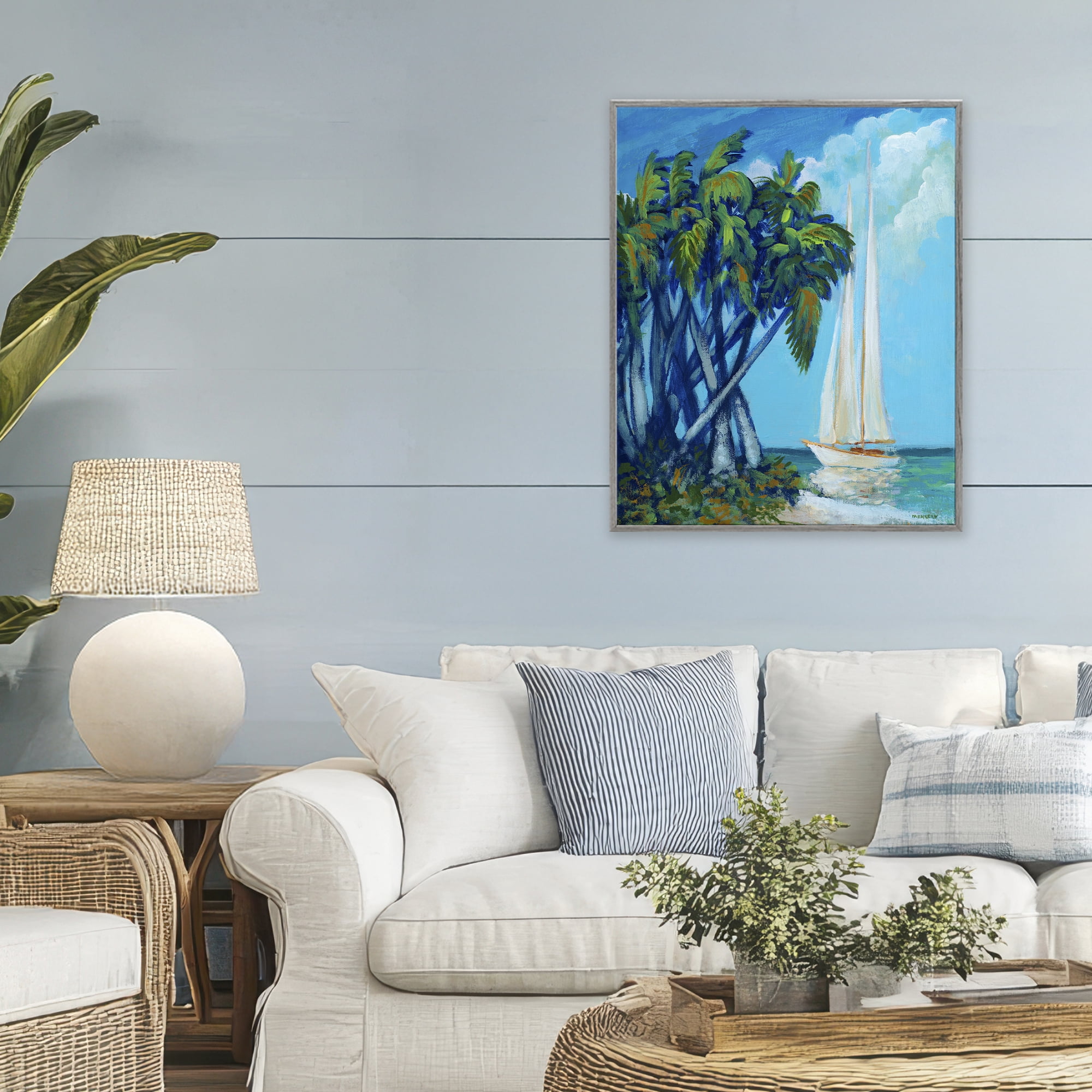 Stupell Industries Sailboat & Twisted Palms Gray Framed Giclee Art, design by Dan Meneely