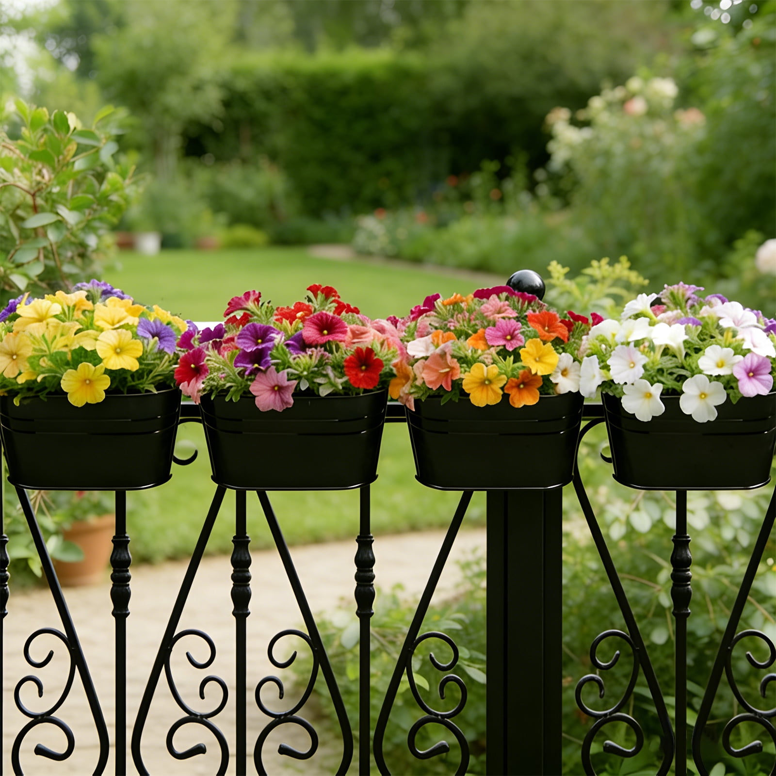 Flower Pots Metal Iron Hanging Flower Pots Garden Pots Balcony Planters Metal Bucket Flower Holder Wall Hanging Decorative Pot - Removable Hook (4 Pieces) (Black)