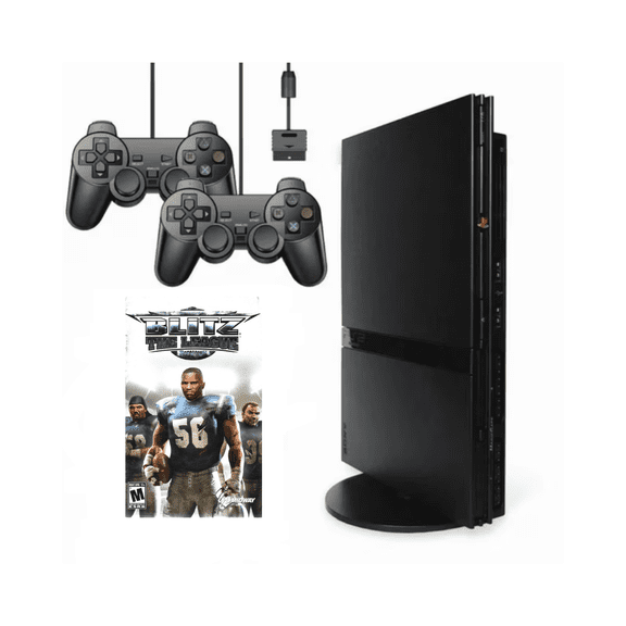 Restored Sony PlayStation 2 PS2 Slim Console System Bundle with 2 Retrofam Controllers and Blitz: The League Game (Refurbished)