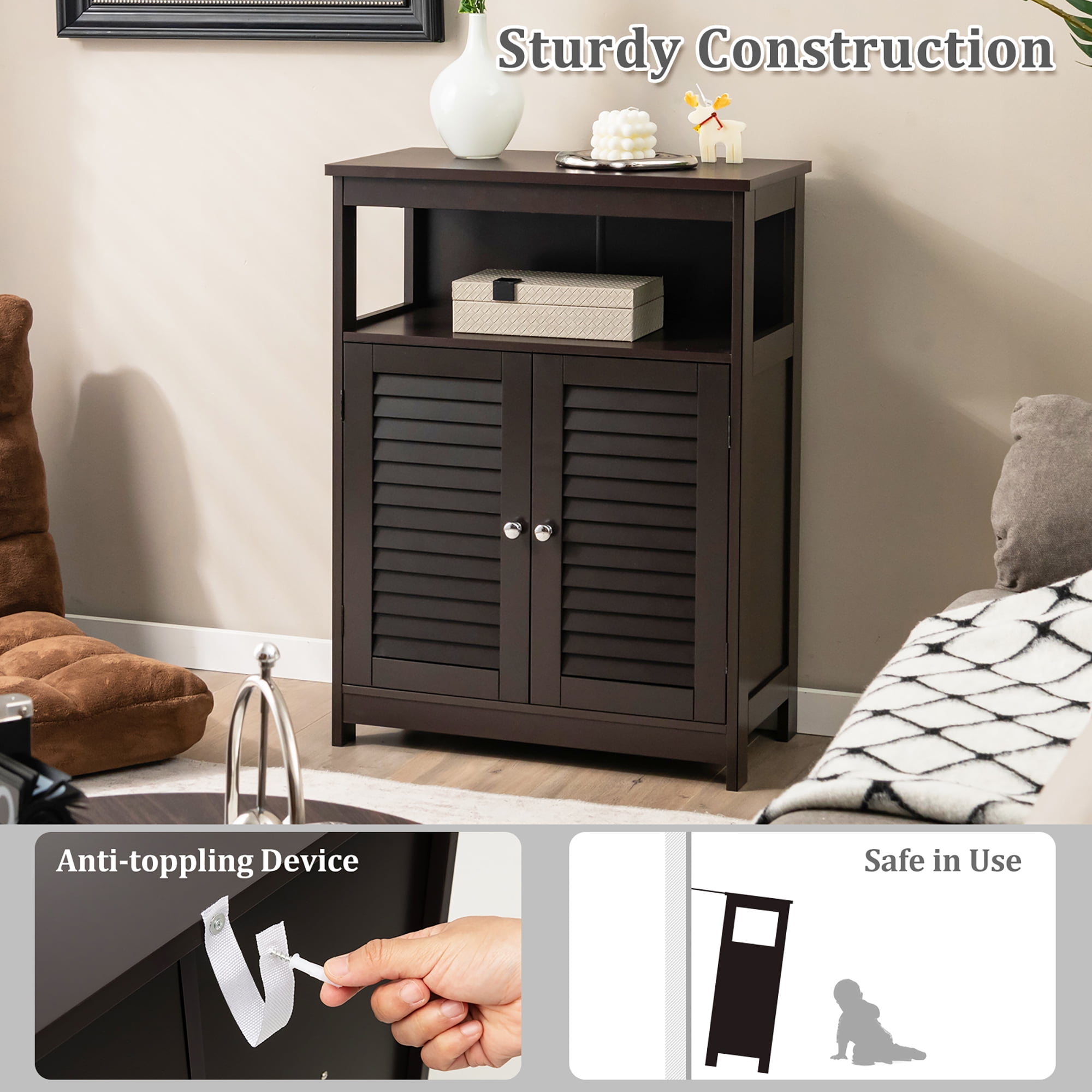 Costway Bathroom Storage Wood Floor Cabinet with Double Shutter Door Coffee