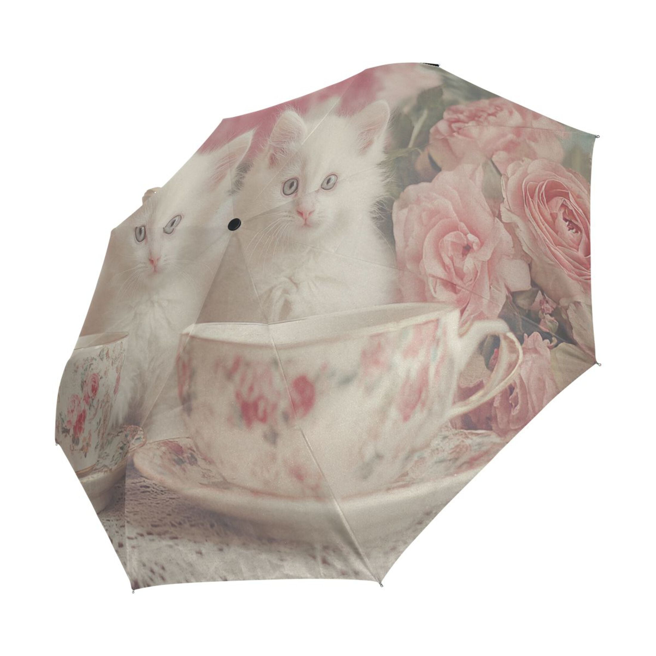 YAZAOO One-Touch Auto Open Close Rain Umbrella With Creative Kittens Teacups Roses Pattern