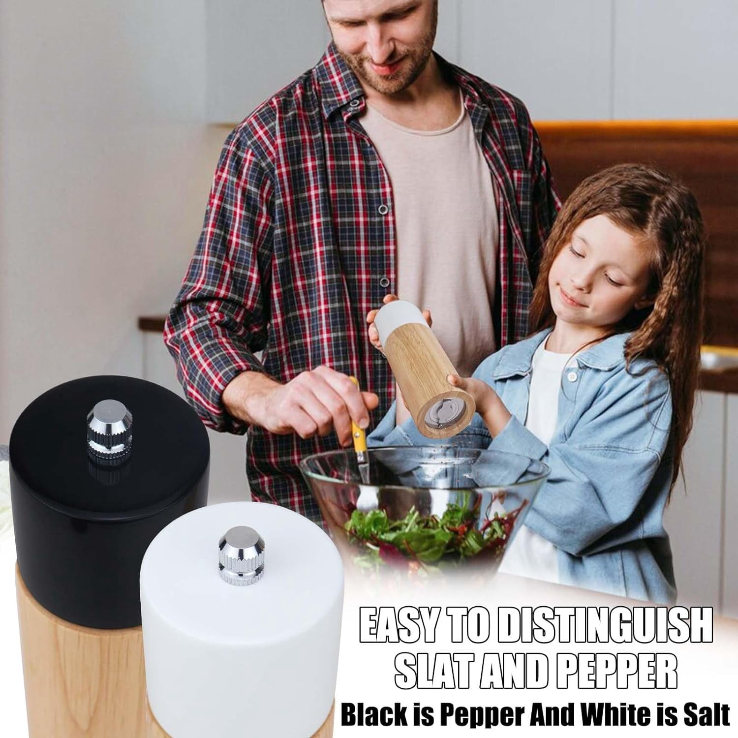 2 Pack Salt and Pepper Mill Set, Wooden Pepper Grinder Salt Shaker with Adjustable Ceramic Rotor, Manual Pepper Mills Grinders Refillable for Spice/Chili/Sesame, (Black+White)