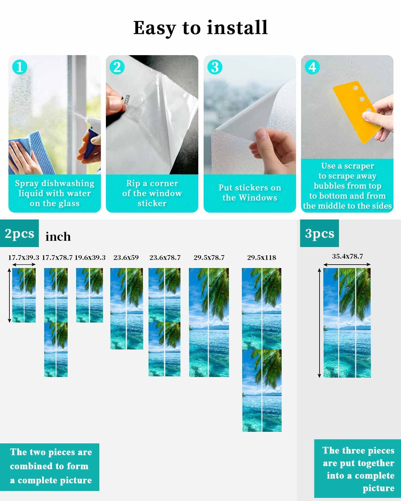 Window Privacy Film Ocean Stained Glass Window Film Decorative Sun Block Window Cover Blue Sky Palm Tree Beach Scenery Forest Shore Window Clings Static Adhesive Sticker for Bathroom 35.4"x78.7"