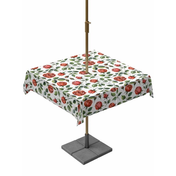 Outdoor Tablecloth with Umbrella Hole and Zipper, Valentine's Day Square Table Cloth 54x54 Inch Waterproof Tablecloth, Red Roses Leaves Botanical Spring Watercolor Picnic Table Cover for Patio