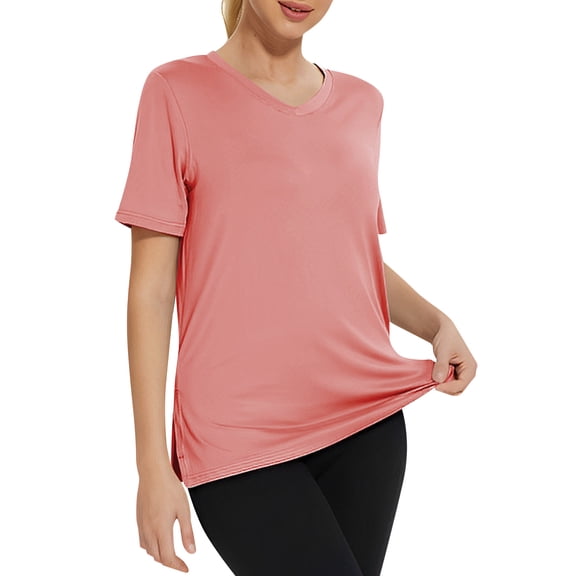 biudgviw Soft Workout Tops for Women V Neck Short Sleeve Athletic Shirts Side Split Casual Loose Fit Gym Running Tee for Summer