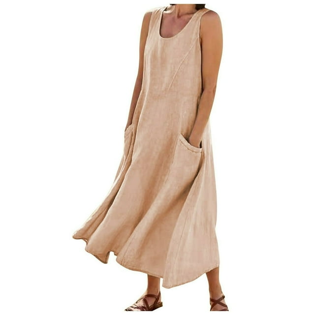 CHOK Robes d'Été Décontractées Femmes Coton Lin à Fleurs Robe Maxi Femme Sans Manches Débardeur Longue Fluide Robe Bohème Robes d'Été Fluides pour Adolescentes avec Poches Gris Foncé 3TG