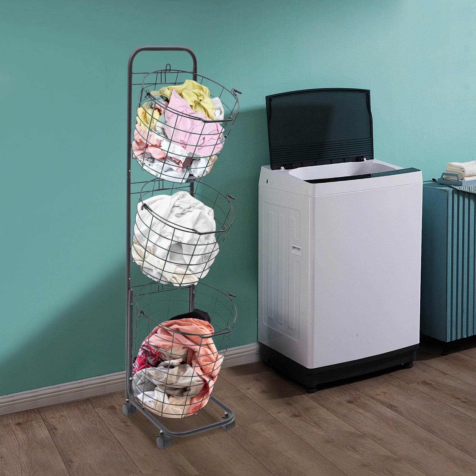 3 Tier Modern Rolling Laundry Hamper with 3 Removable Wire Basket & 4 Universal Wheels Black 10.4*13*48.4