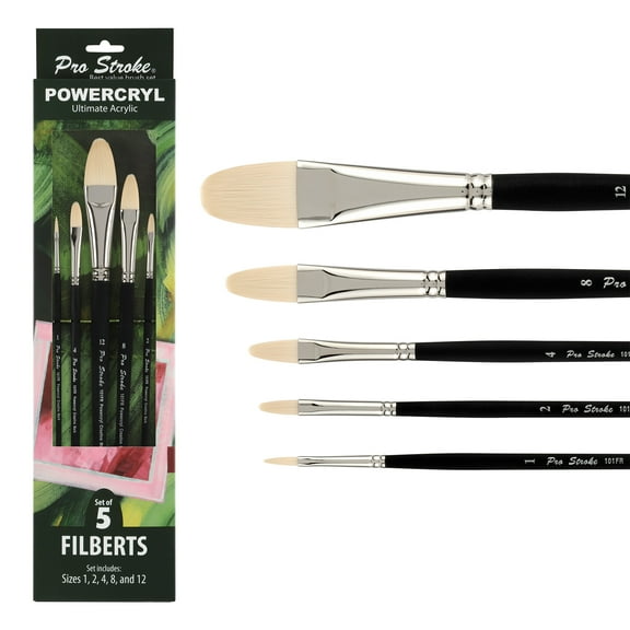 Creative Mark Pro-Stroke Powercryl Acrylic Paint Brushes - Filberts Value Set of 5, Synthetic Paint Brushes for Artists, Seamless Nickel-Plated Ferrules, Matte Black Wooden Handle, Soft-Touch Grip
