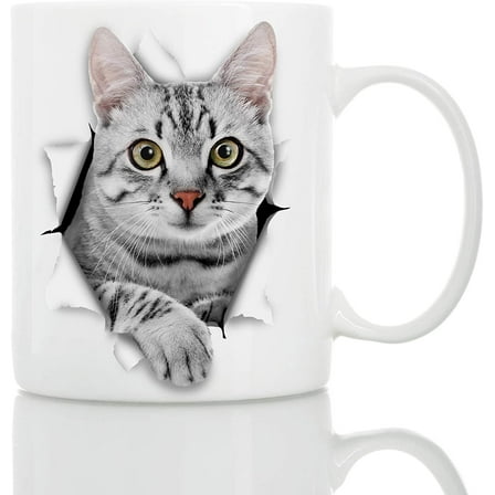 Cute Grey Kitty Cat Coffee Mug - Ceramic Funny Coffee Mug - Perfect Cat Lover Gift - Cute Novelty Coffee Mug Present - Great Birthday or Christmas Surprise for Friend or Coworker, Men and Women (11oz)