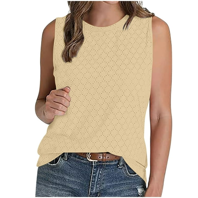 Scyoekwg Womens Sleeveless Eyelet Tank Tops Summer Trendy Round Neck Basic Tops Solid Color Loose Tunic Lightweight Blouses (Beige,L)