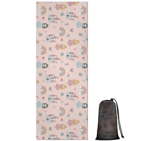 Rainbow Princess Castle Pattern Hot Yoga Mat Towel Non Slip for Hot Yoga - Quick-Drying Yoga Mat Cover with 4 Corner Pockets with Travel Bag - Hot Yoga Towel Non Slip 70"x26"