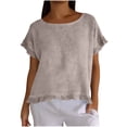 thumbnail image 2 of Plus Size Women's Solid Loose Fit Short Sleeve Round Neck Ruffle Pleated Linen Casual Blouse Shirt Comfy Breathable Work Office Outfits | CSEONE,Khaki 2XL, 2 of 8