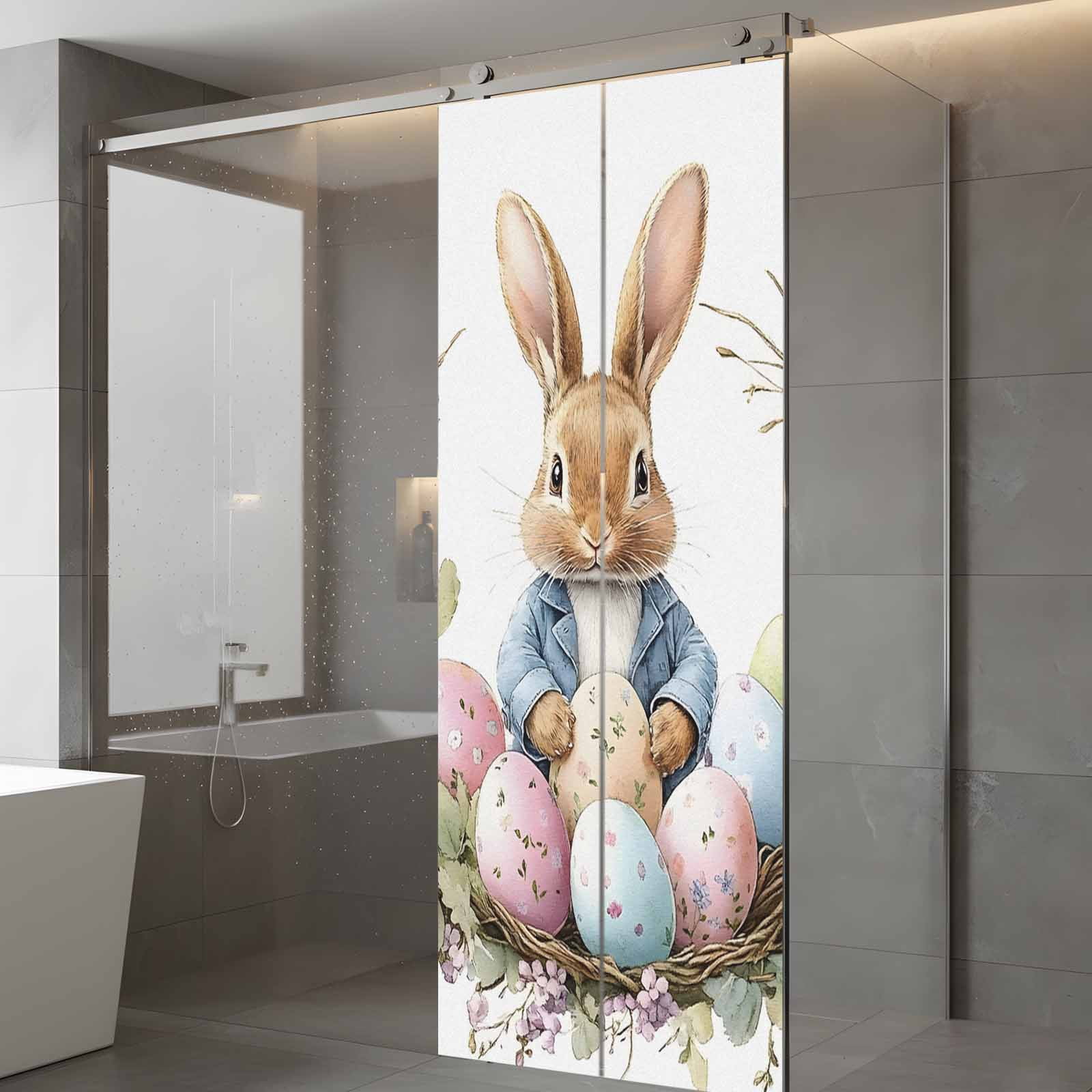 Easter Bunny Window Privacy Film, Funny Rabbit Pink Blue Green Eggs Spring Floral Leaf Frosted Glass Window Clings Static Cling UV Heat Blocking Reusable Door Sticker for Bedroom 23.6x59 Inch