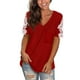 thumbnail image 1 of Puntoco 2024, tops de moda de verano para mujer, camiseta de manga corta con cuello en V de encaje, camisetas informales holgadas de verano, 1 of 4