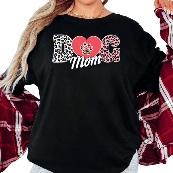 Women's Dog Mom Colorful Leopard Heart Paw Print Graphic T Shirt Cute Gift Idea Short Sleeve Round Neck Top Black S-5XL