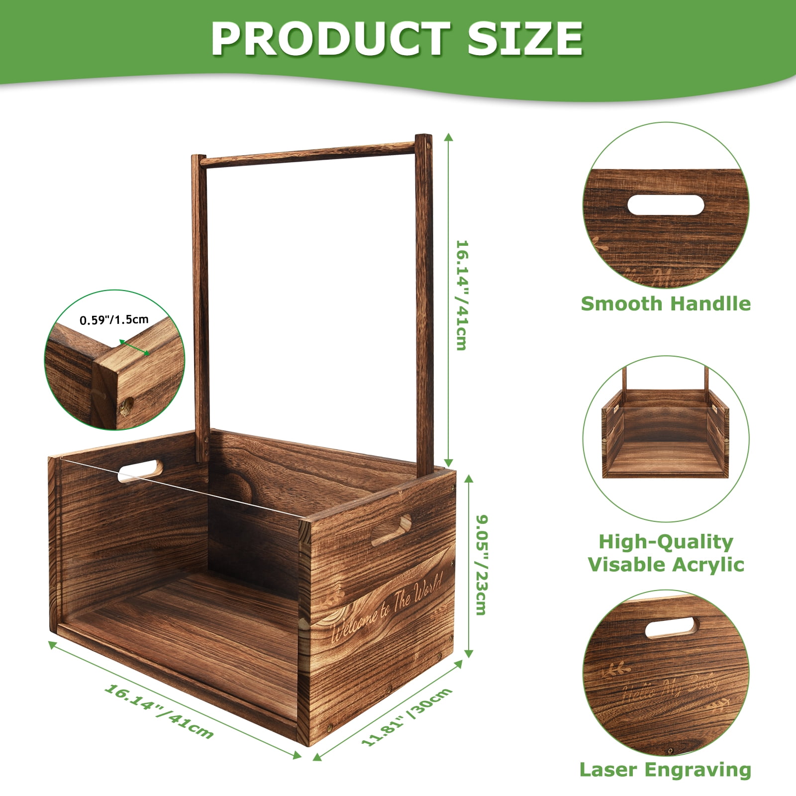 Baby Shower Crate Closet with Handle, Multifunctional Wooden & Acrylic Visible Storage Box, Newborn Toy Basket for Boys Girls, Pregnancy Gift for New Moms (Brown)