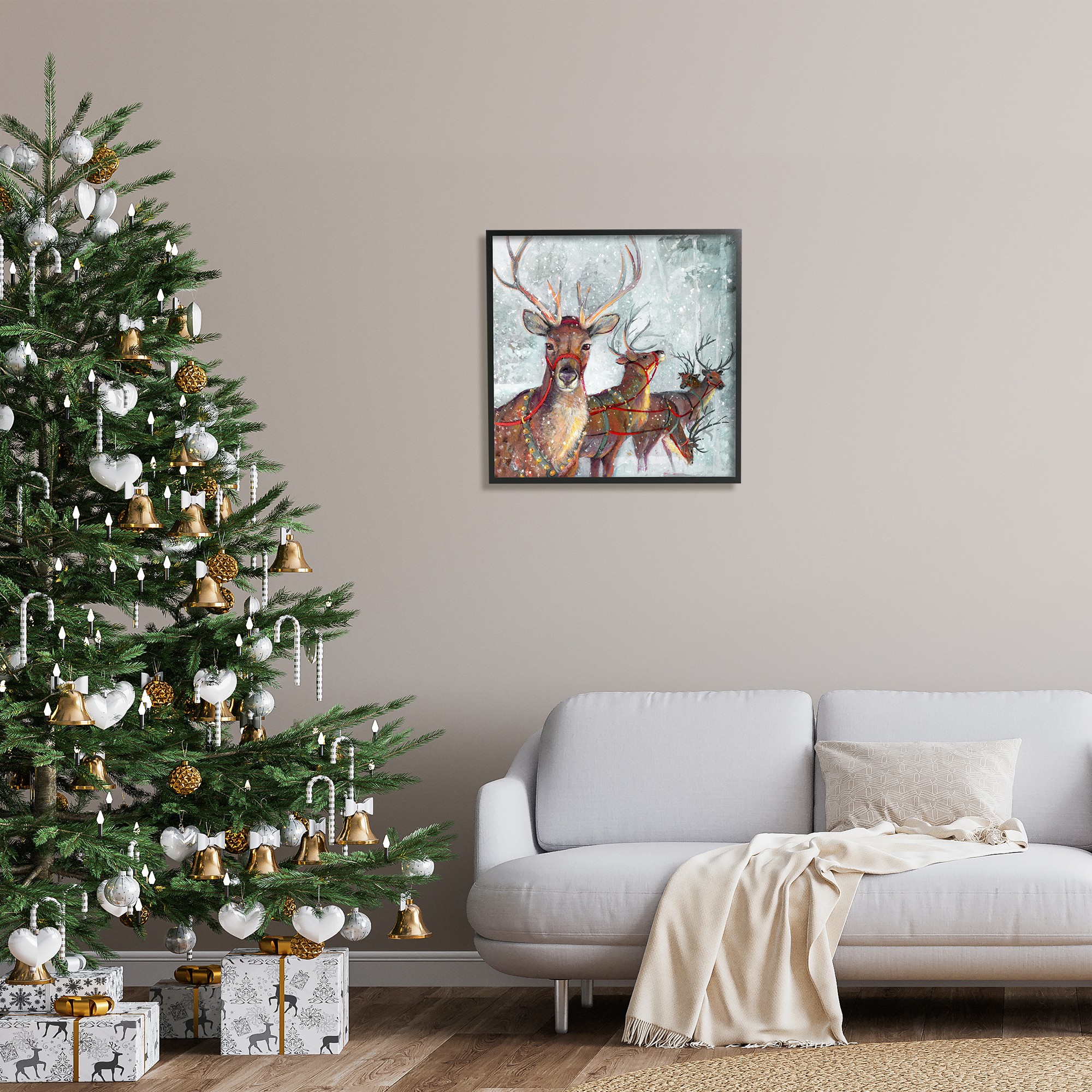 Stupell Industries Winter Reindeer Holiday Landscape Holiday Painting Black Framed Art Print Wall Art
