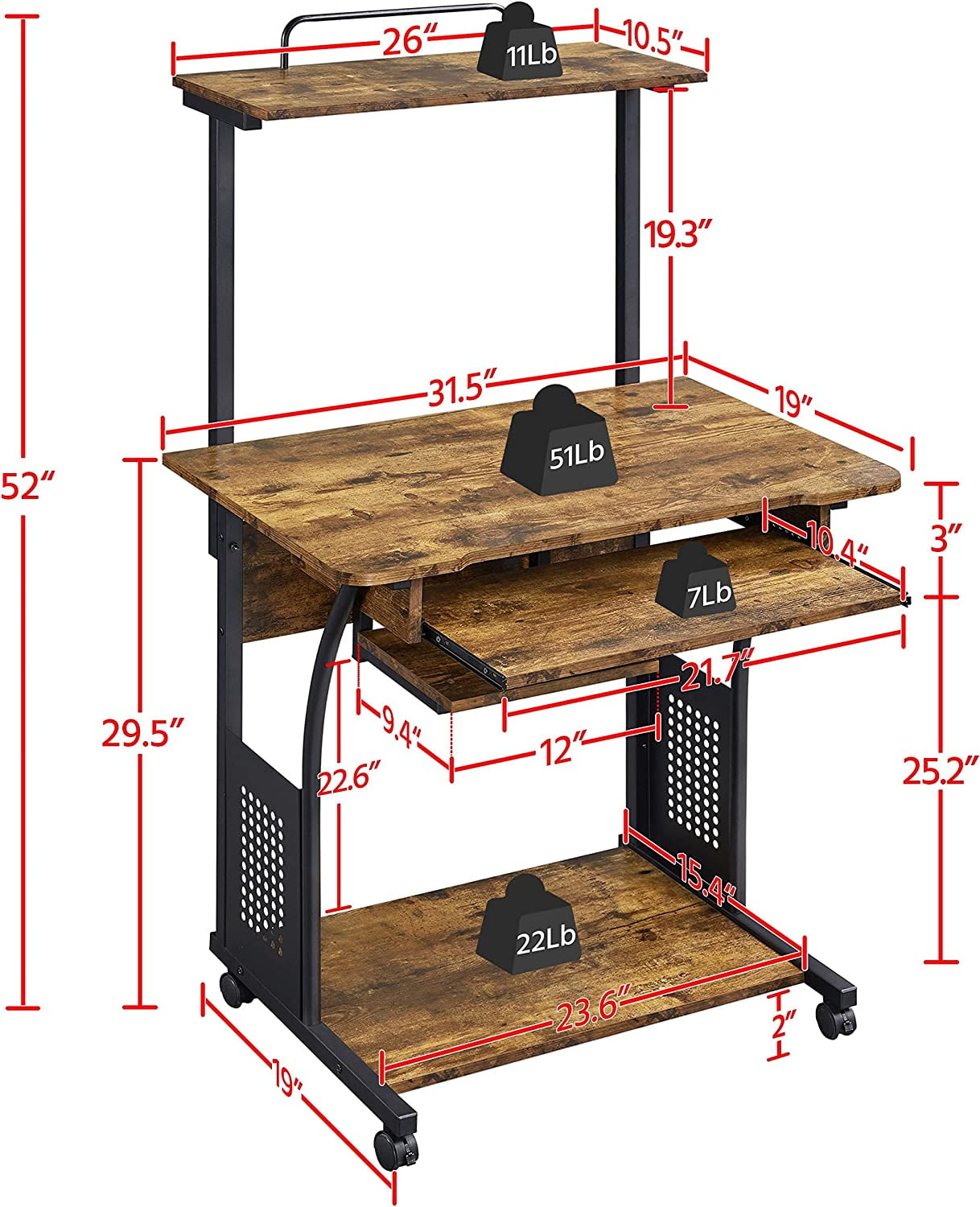 3 Tiers Rolling Computer Desk with Keyboard Tray and Printer Shelf for Home Office, Mobile Computer Desk for Small Space, Retro Computer Table Compact PC Laptop Workstation, Rustic Brown