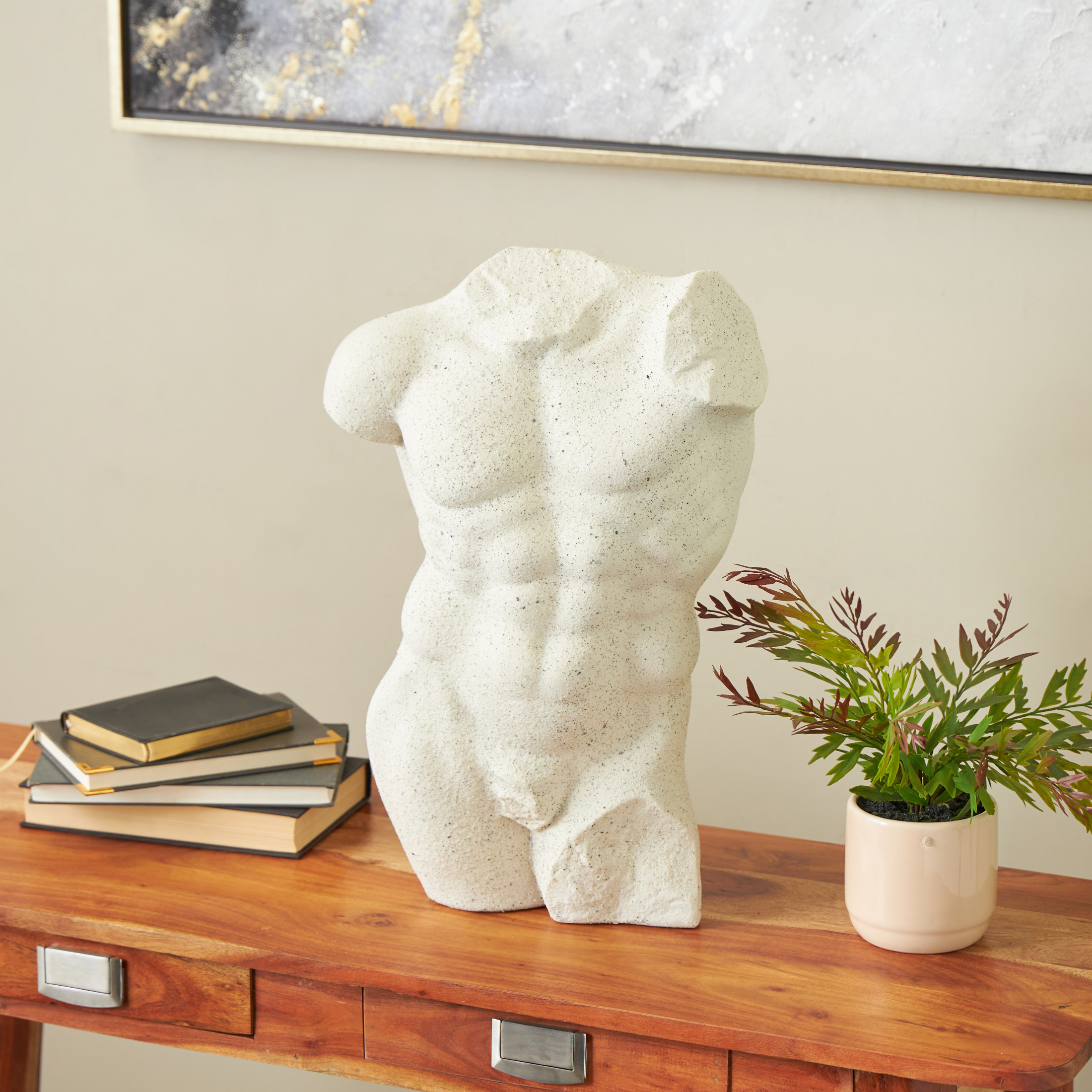 13" x 20" White Polystone Textured People Sculpture with Black Speckles, by DecMode