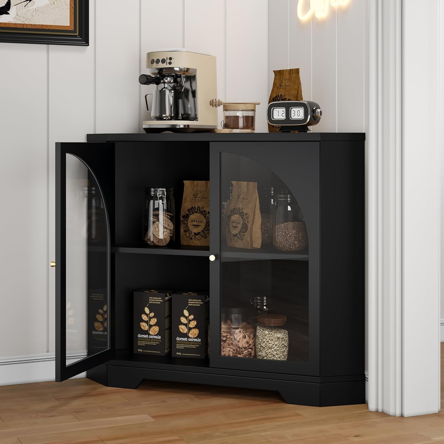 Weselon Modern Small Corner Sideboard Cabinet with 2 Glass Doors and 2 Tier Shelves, 31 Inches