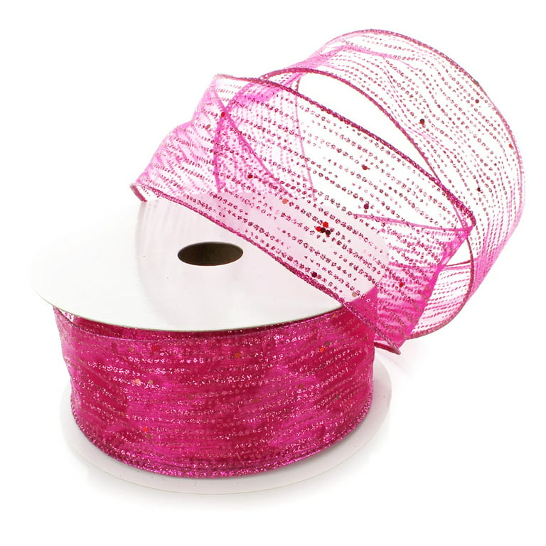 Ribbon Traditions Horizontal Glitter / Sequin Stripes Sheer Wired Ribbon 2  1/2 Inch by 25 Yards - Hot Pink