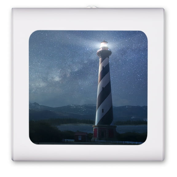 Plug in Dimmable LED Night Light with Dusk to Dawn Auto Sensor, Adjustable Brightness, Warm Light, Auto On/Off Nightlight for Bathroom, Hallway, Nursery, Bedrooms - Night Sky Behind a Lighthouse