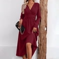 thumbnail image 4 of Guieoi Womens Dresses Long Sleeve Solid-Color High-Waisted Pleated V-Neck Dress Midi Dress Red XL, 4 of 8