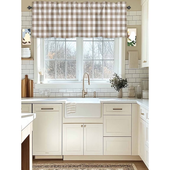 Kitchen Valances for Window, Rural Country Beige White Buffalo Tartan Plaid Light Filtering Rod Pocket Valance Curtain, Minimalist Checkered Short Curtains Window Topper for Bedroom 54x18in