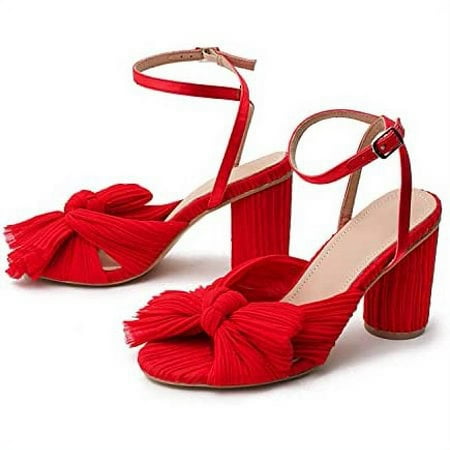 

Pleated bow ankles with thick heels Fashion Women Ankle Strap High Heels Toe Pumps Summer Shoes Dress Party Wedding Fashion Shoes