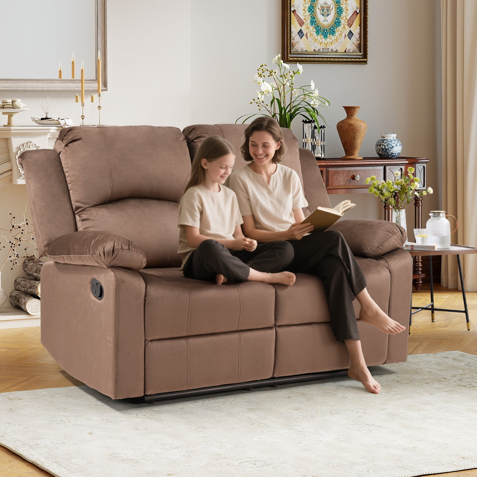 Bonzy Home Manual Loveseat Recliner Sofa — Soft 2-Seat Reclining Couch with Overstuffed Arms & Back, Brown