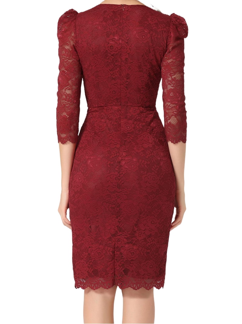 burgundy lace wedding guest dress Asymmetrical Midi Lace Formal Dress with Short Sleeve