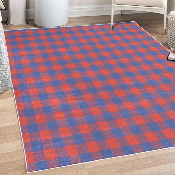 Plaid Decorative Rug, Lumberjack Fashion Buffalo Checks Pattern Retro Style Grid Composition, Quality Carpet for Bedroom Dorm and Living Room, 6 Sizes, Vermilion and Sea Blue, by Ambesonne