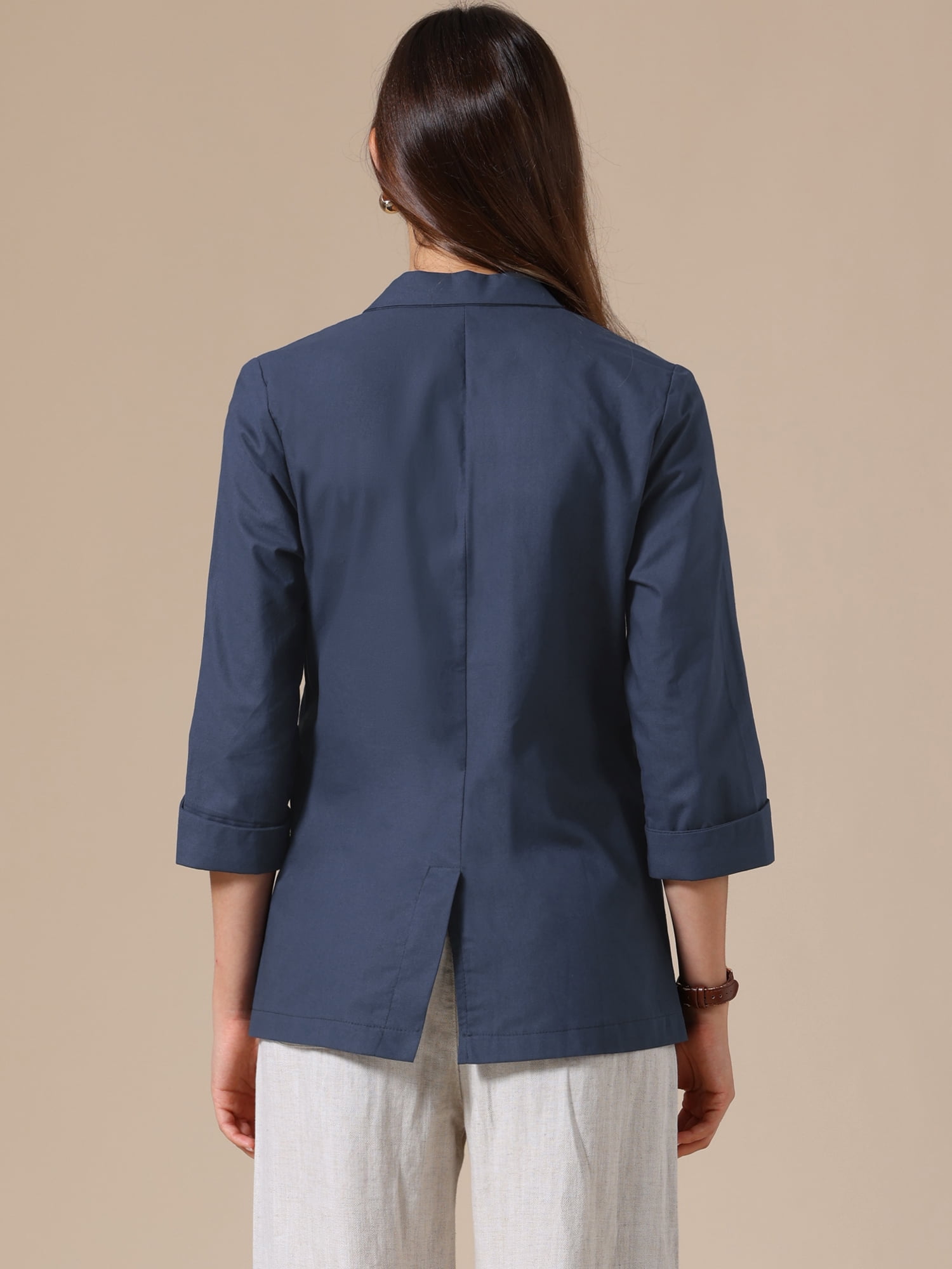 DARING DIVA Women's Cotton Linen 3/4 Sleeve Lightweight Jacket Blazer M Navy Blue