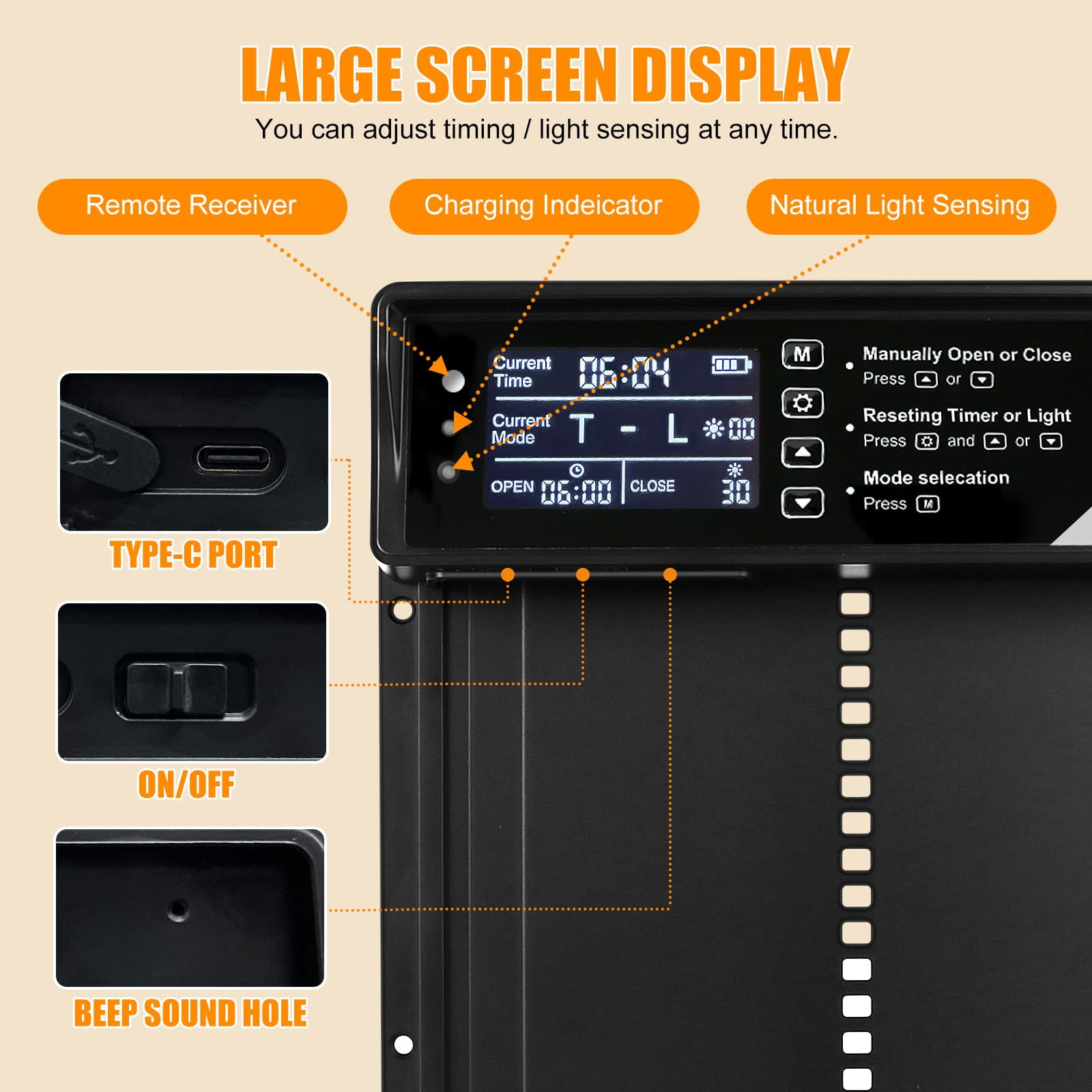 Automatic Chicken Coop Door Solar Powered, LCD Display Automatic Chicken Door with Timer & Light Sensor, Aluminum Alloy Chicken Door with Remote Control & 4 Modes Automatic Chicken Door Solar