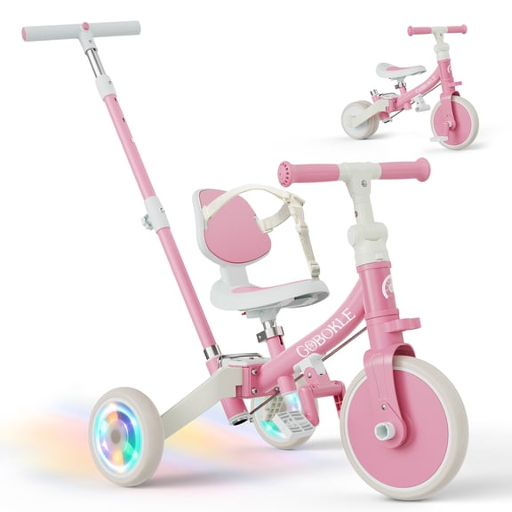 5-in-1 Tricycle for Toddlers 1-3, Kids Balance Bike with Light Up Wheels, 135° Rotatable Push Handle, Adjustable Seat & Handlebar, Foldable Ride On Toy Gift & Toys for Boy & Girl,Pink