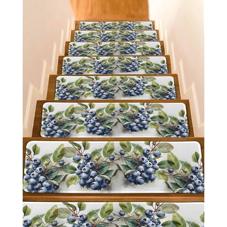 Blueberries Stair Treads for Wooden Steps Indoor Runner Rug Carpet Farmhouse Blue Fruits Green Botanical 10 Pieces Peel and Stick Staircase Step Treads Covers Washable Throw Door Mats 30 x8