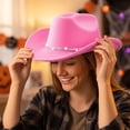 thumbnail image 4 of Western Cowboy Hats for Women Classic Felt Wide Brim Fedora Hat with Belt Buckle Retro Panama Hat Unisex Rolled up Cap Pink One Size, 4 of 5