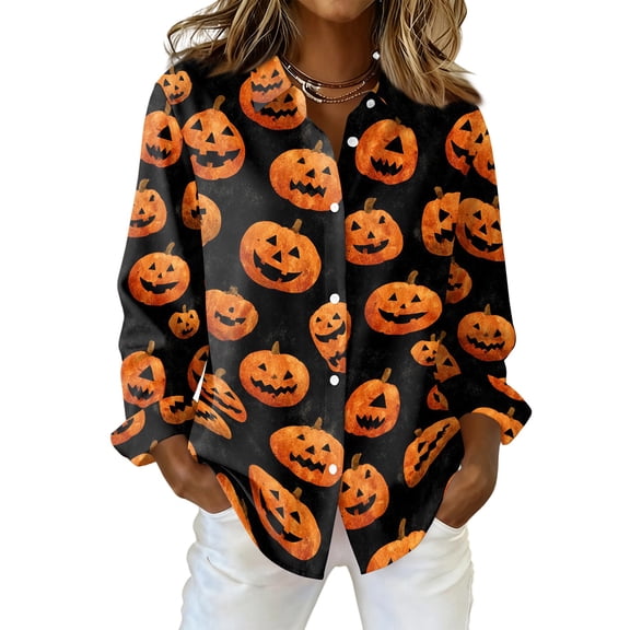 Delconic Womens Halloween Print Button Down Shirt Long Sleeve Casual Regular Fit Collared Blouse Pumpkin Pattern Top Black L