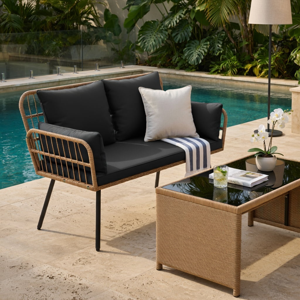 Hommoo Hommoo 2-Seat Outdoor Wicker Loveseat with Cushions, Heavy-Duty Steel Frame, PE Rattan Patio Chair for Backyard, Deck or Balcony, Black