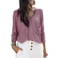 thumbnail image 2 of Gvmfive Women Solid Loose Fit Front Pocket V-Neck Long Sleeve Casual T-shirt S, 2 of 4