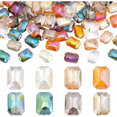 120pcs 8 Colors Faceted Glass Beads 14x10mm Iridescence Flat Beads Rectangle Bead Large Loose Craft Spacer Bead for DIY Jewelry Bracelet Necklace Earring Keychain Making Crafts
