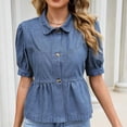 thumbnail image 5 of Karymi Womens Workout Tops Denim Peplum Blouse, Collar Short Sleeve Button-Down Shirt, Puff Sleeve Ruffled Hem Babydoll Top Short Sleeve Shirts for Women, 5 of 8