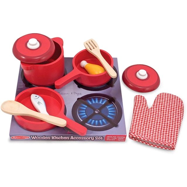 Set de cocina de madera Melissa & Doug, ollas y sartenes