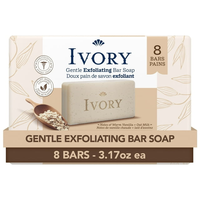 Doux pain de savon exfoliant Ivory, Notes de vanille chaude + lait d’avoine, 8 unités