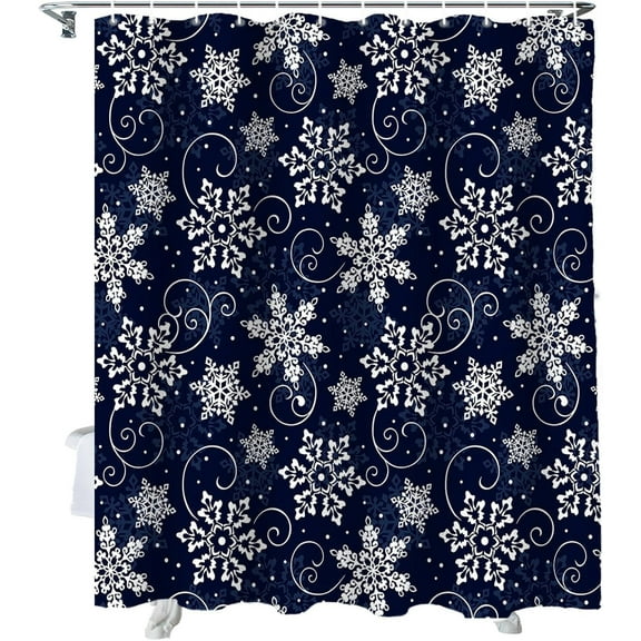 Christmas Shower Curtain, White Navy Snowflakes Pattern Shower Curtains Set with Hooks, Winter Waterproof Fabric Bathroom Curtains Decor Home Accessories,72 X 84 Inch Extra Long