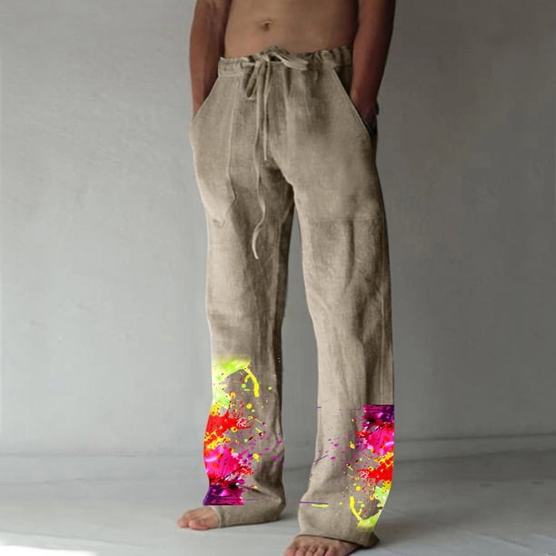 Pantalones largos de verano para hombre, de algodón y lino, con pierna ancha, estampados, con cordones, para deportes y vacaciones